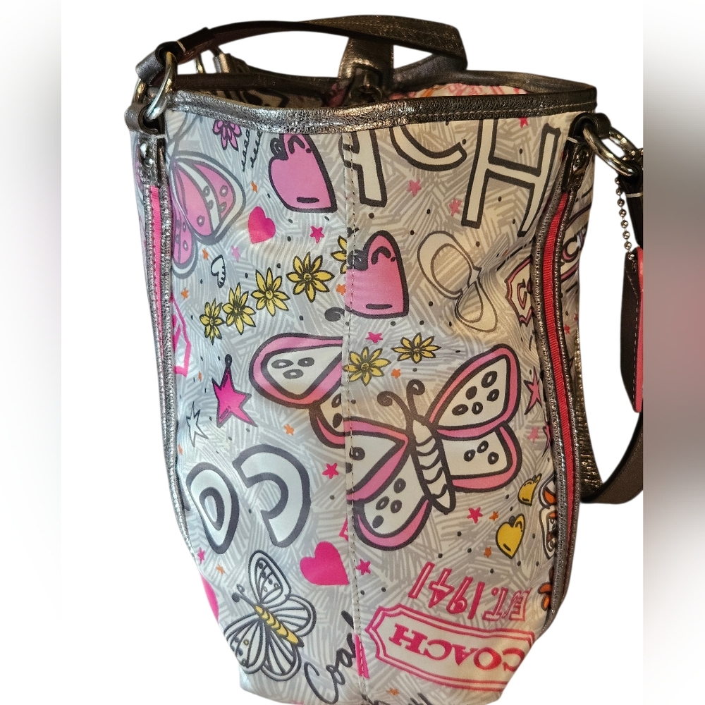 🦋🩷🌻Coach Y2K Poppy GRAFFITI Pink Orange Yellow Gray Tote Bag EPC🌻🩷🦋 - Picture 3 of 12
